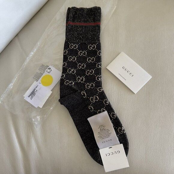Gucci NWT GUCCI SOCKS Black GG LOGO Wool Sz M Web Size ONE SIZE - 2 Thumbnail