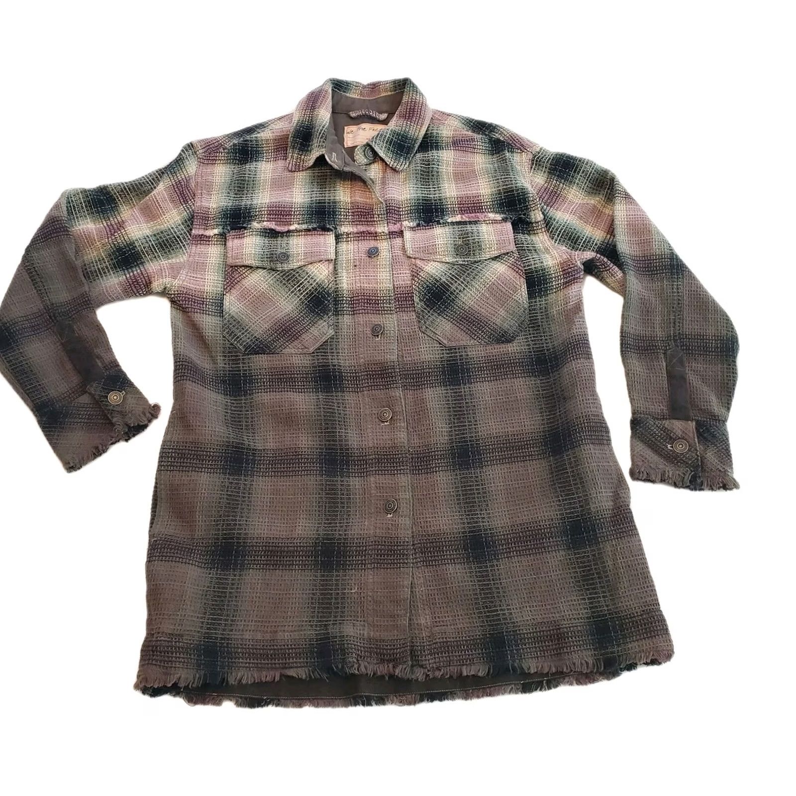 Free People Free People Anneli Shirt Shacket Oversized XS Green Purple Check Plaid Women Size XS / US 0-2 / IT 36-38 - 4 Thumbnail