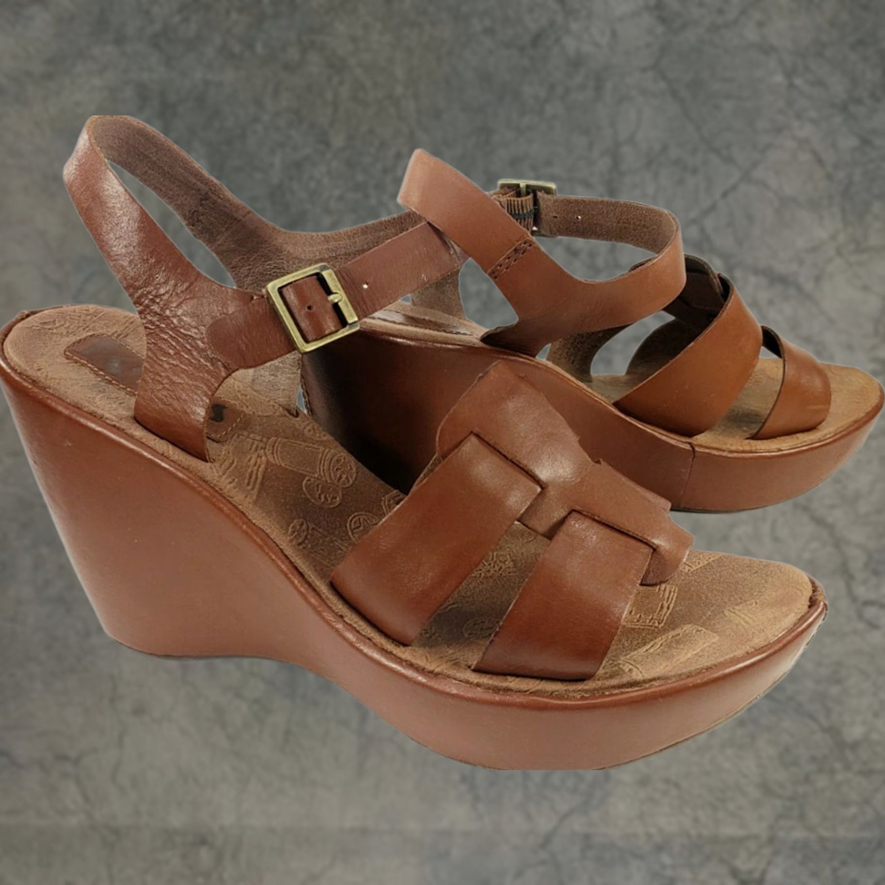 Vintage Korks by Kork-Ease Della Brown Leather Wedge Platform Sandals Women's 9M 40.5EU Green Offices? Size US 9 / IT 39 - 1 Thumbnail