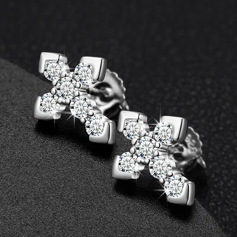 Sterling Silver Moissanite Cross Trend Design Cross Stud Religion Earring Size ONE SIZE - 5 Thumbnail