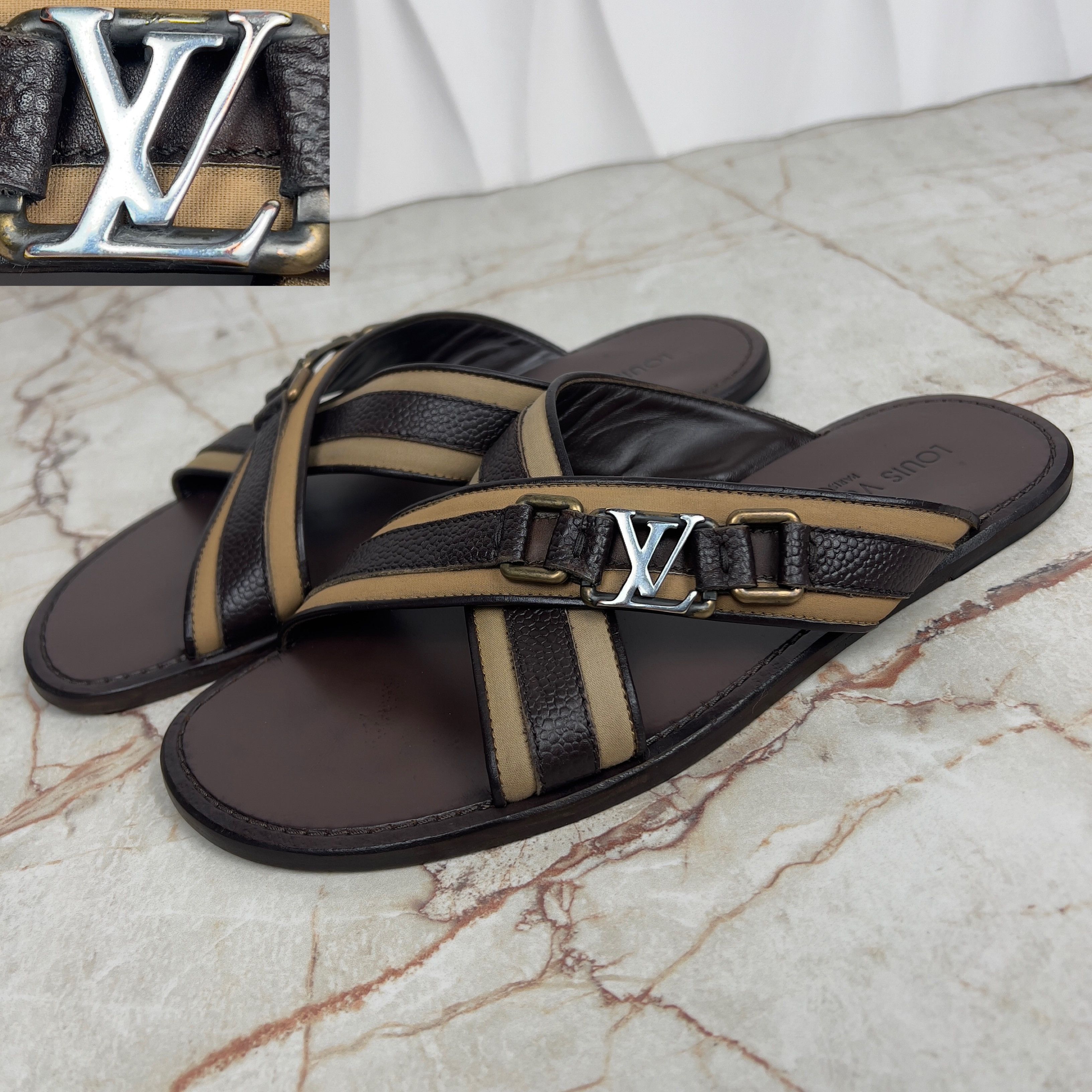 Louis Vuitton LV Buckle Sandals Flip flop Brown Leather Grailed