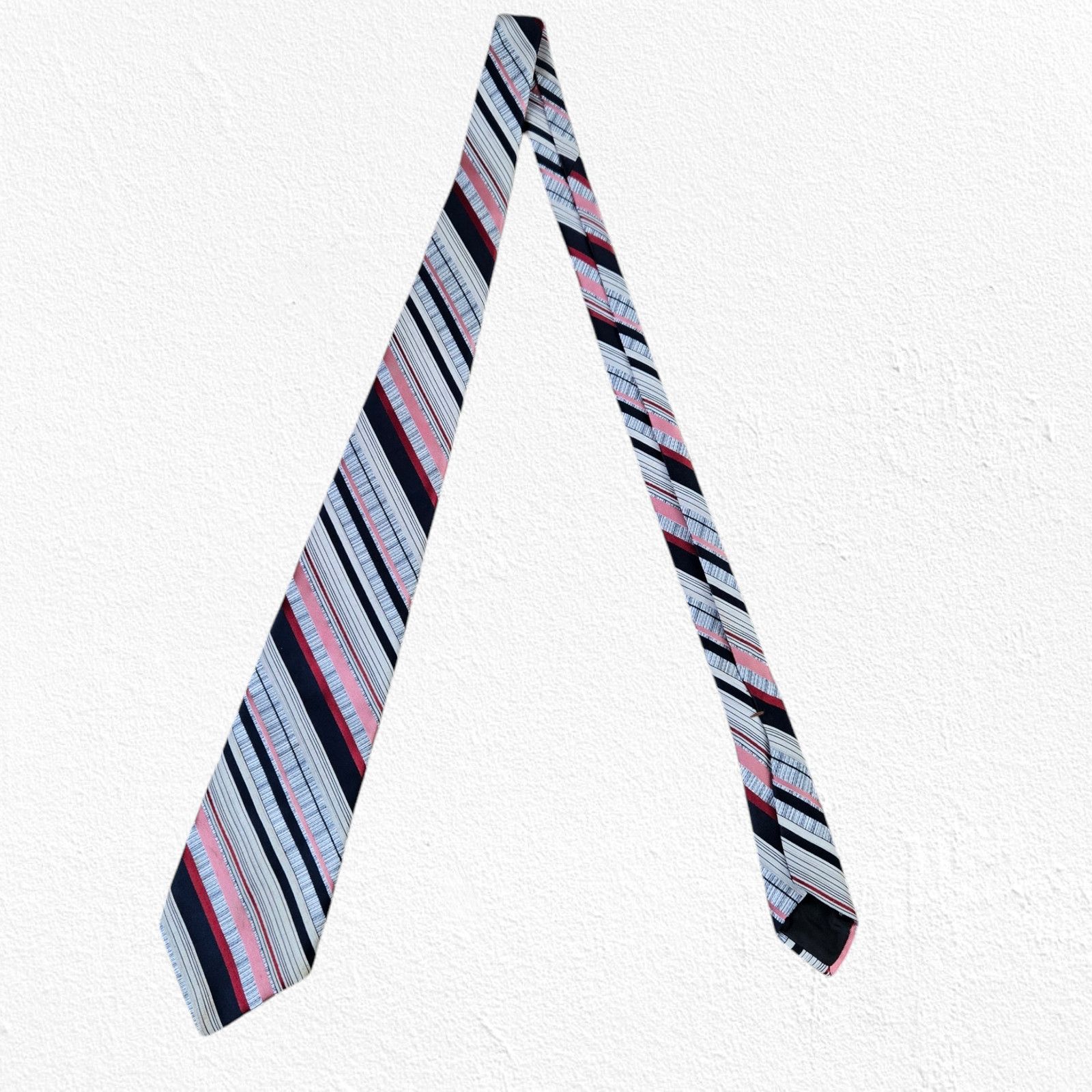 Vintage 70s Silver Red Navy Diagonal Striped Neck Tie Size ONE SIZE - 2 Thumbnail