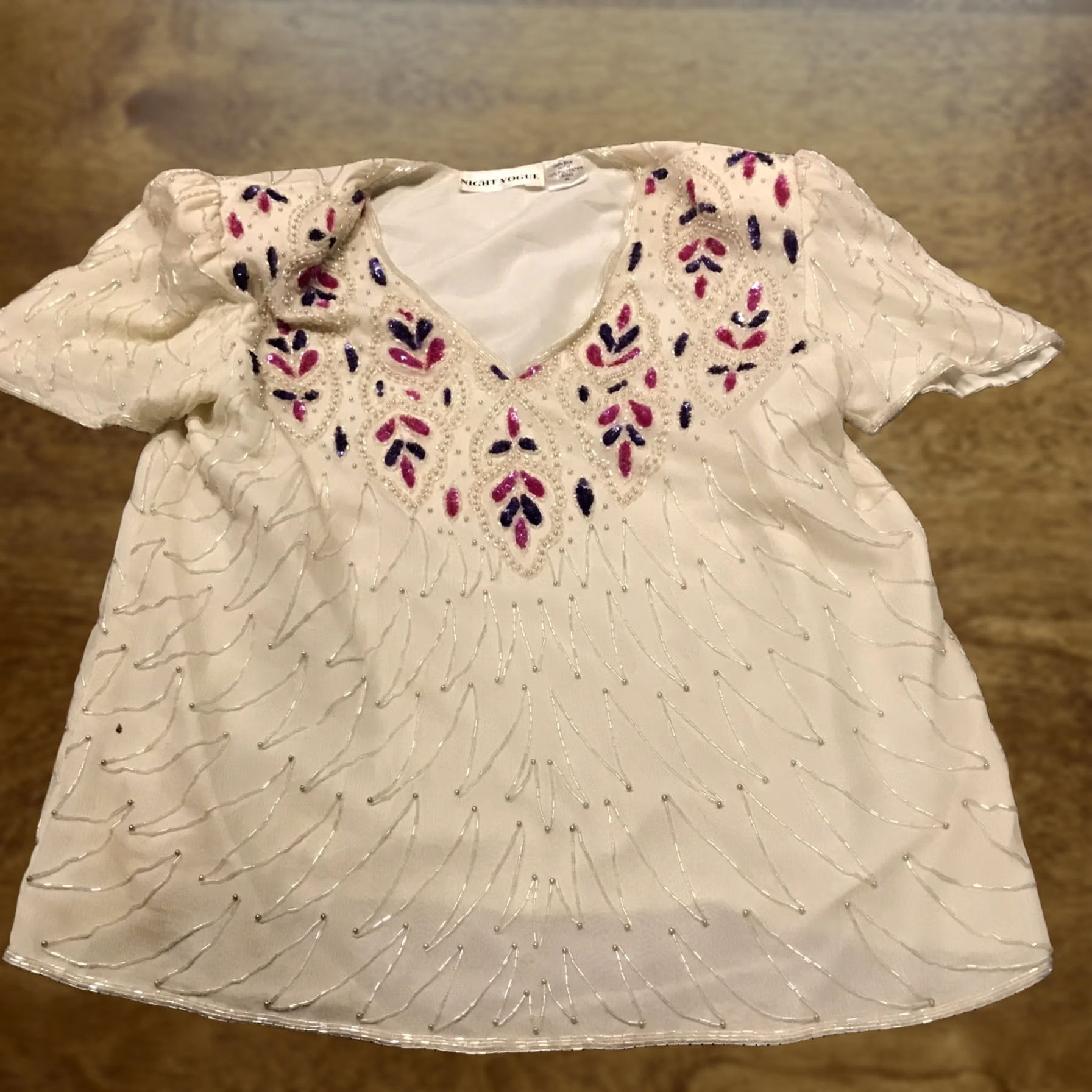 Vogue VINTAGE Night Vogue Silk Shirt Womens XL Ivory 1990s Art Deco Beaded Shoulder Pad Blouse Size XL / US 12-14 / IT 48-50 - 1 Thumbnail