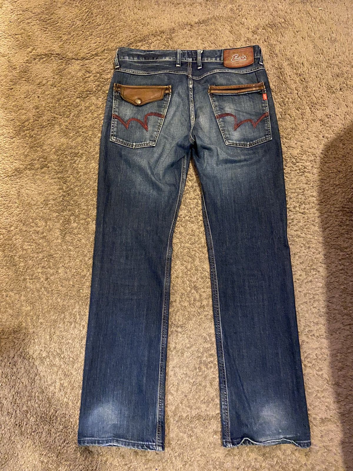 Edwin × Japanese Brand × Vintage VINTAGE Edwin Blue Trip Denim Jeans w/ Leather Pockets Size US 34 / EU 50 - 4 Thumbnail