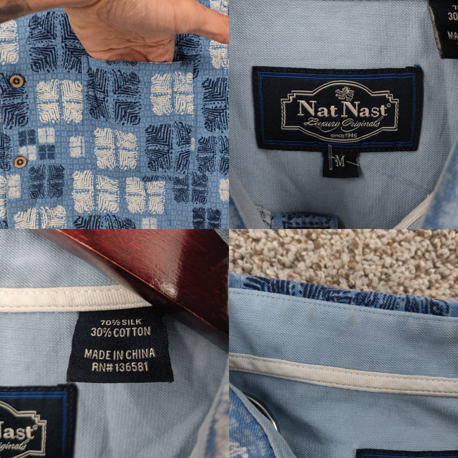 Nat Nast Nat Nast Shirt Mens Medium Blue Geometric Silk Blend Short Sleeve Button Casual Size US M / EU 48-50 / 2 - 8 Thumbnail