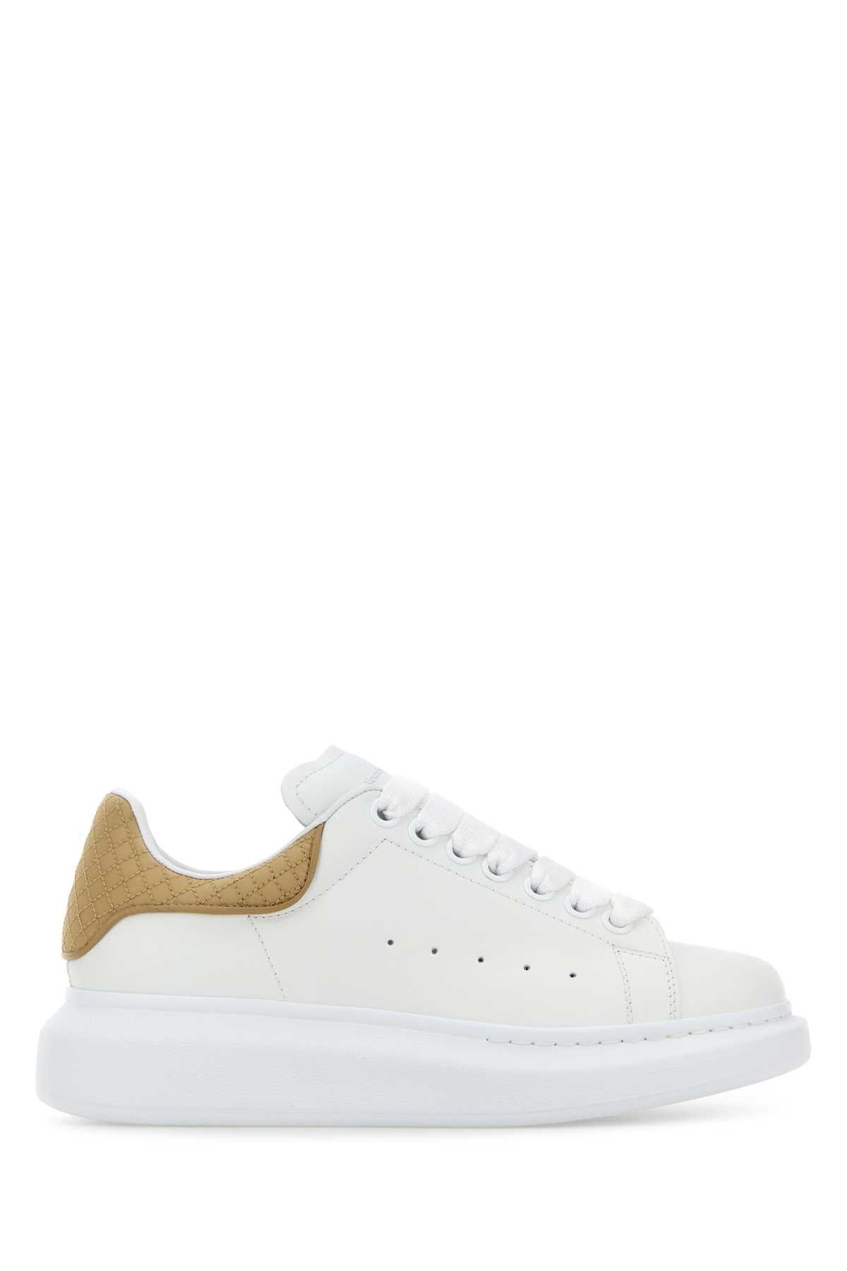White Leather Sneakers With Beige Leather Heel