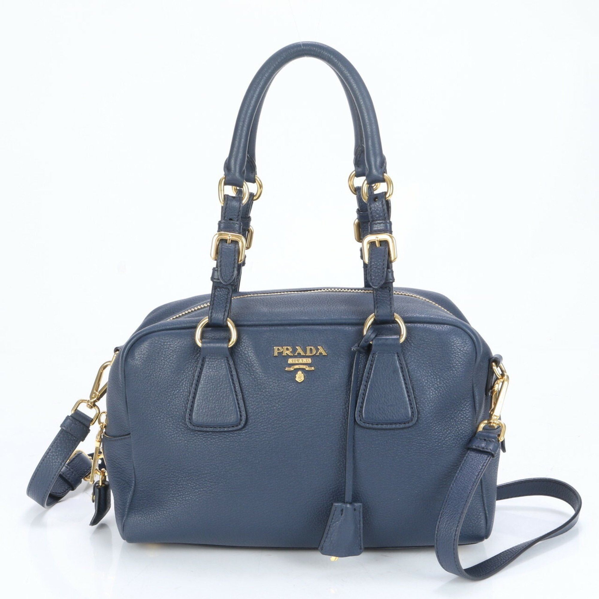 Prada Triangle Leather Shoulder Bag Mini Boston Handbag Tote Navy Women's in Blue