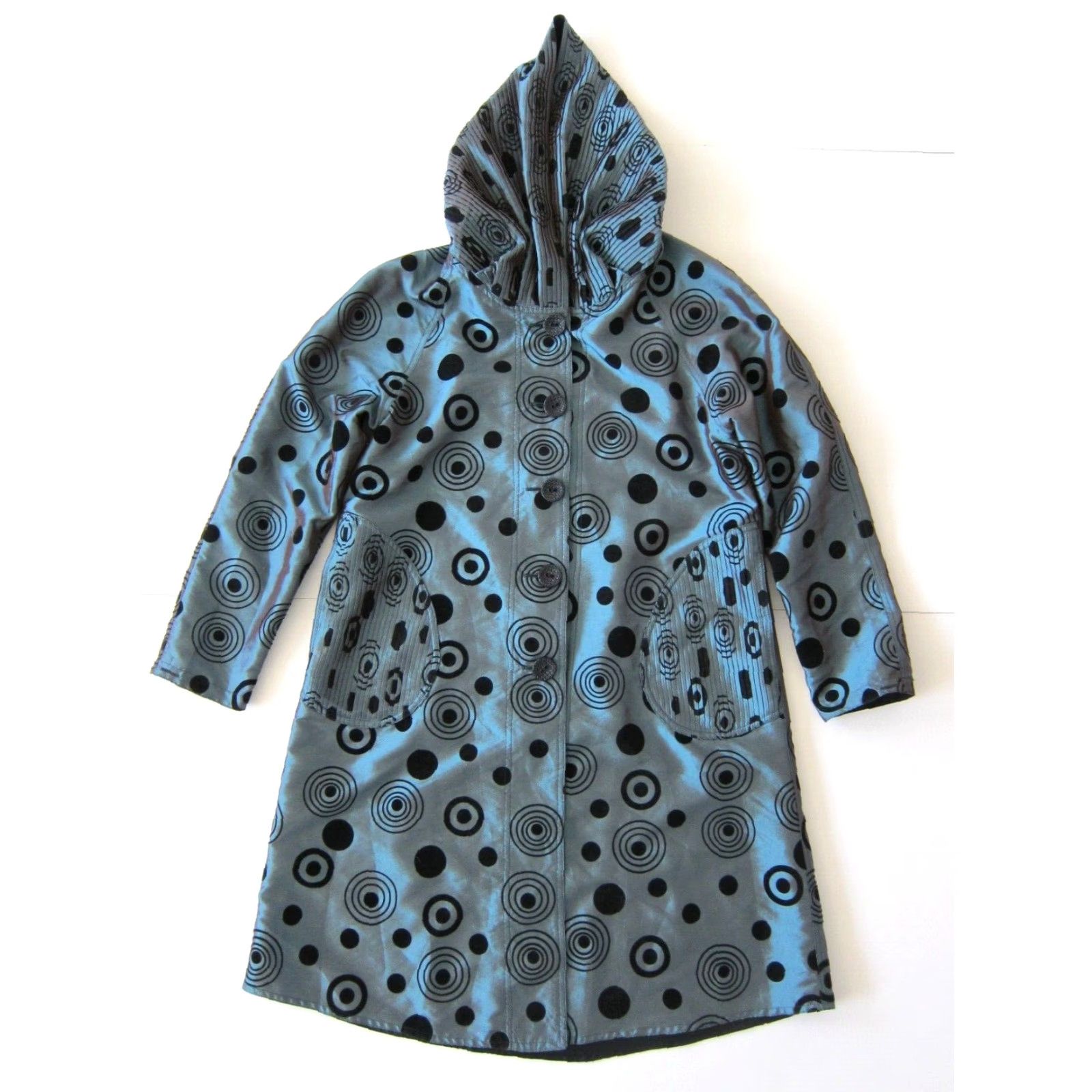 Vintage LINDI Green Black Polk Dot Pocket Hooded Reversible Jacket Pea Coat Women XS Size XS / US 0-2 / IT 36-38 - 2 Thumbnail