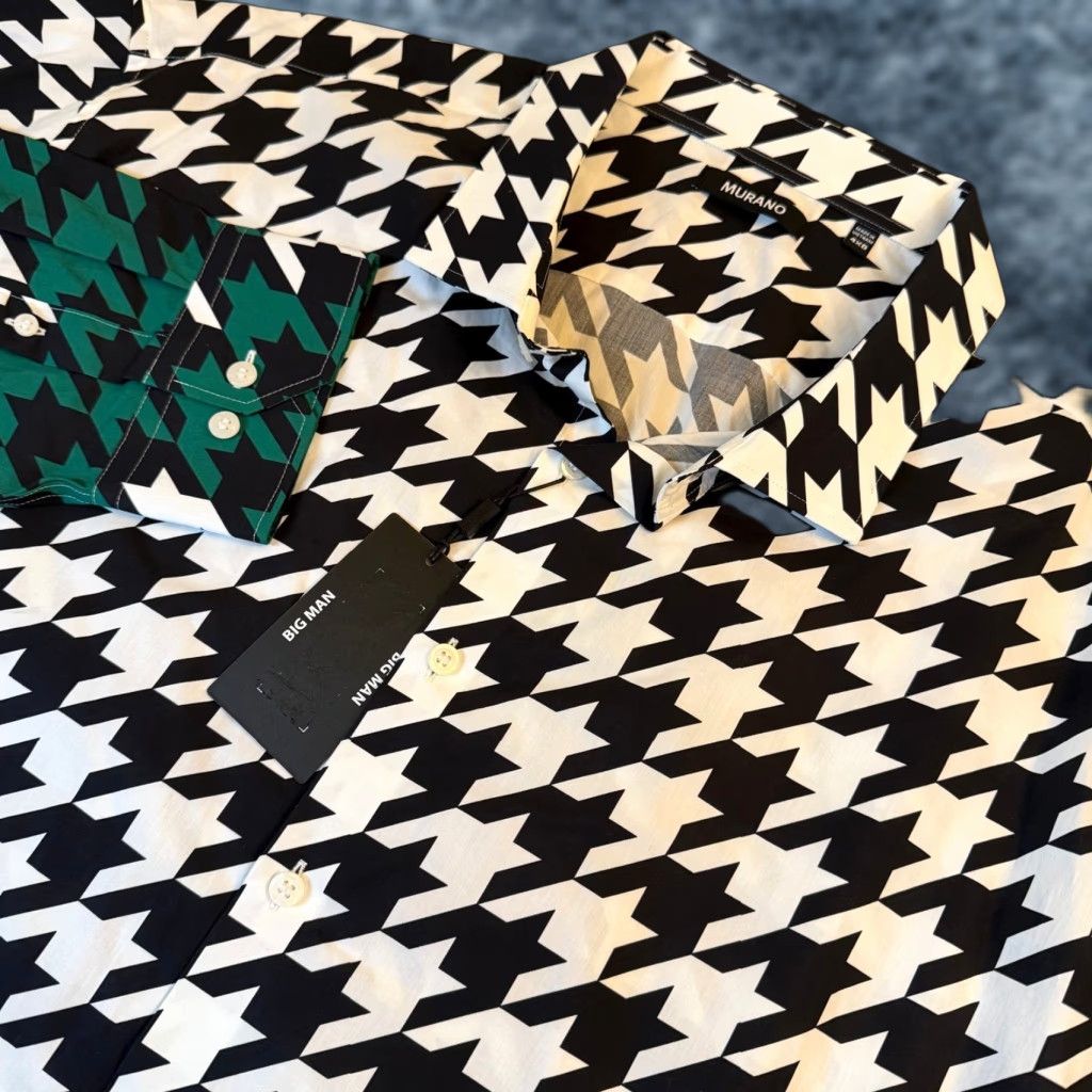 Murano Murano Button-Down Shirt Big 4X Mens Houndstooth Black White Green Geometric Breathing Cotton Button-Up Long Sleeve Collared 4XB NWT Size US XXL / EU 58 / 5 - 1 Thumbnail