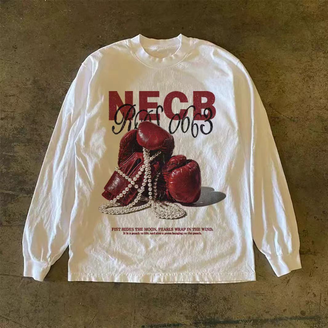Japanese Brand White washed vintage boxing print long-sleeved t-shirt Size US M / EU 48-50 / 2 - 1 Thumbnail