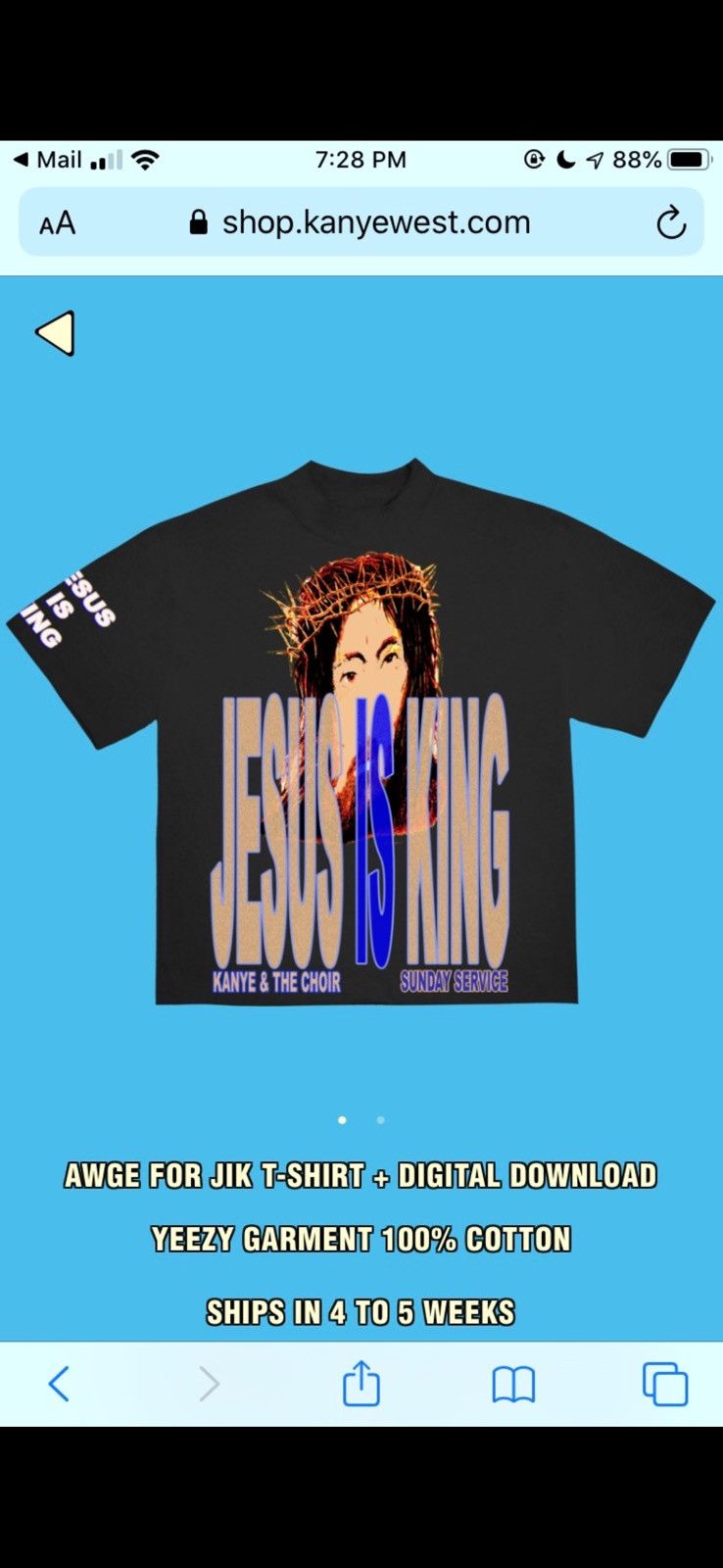AWGE × Kanye West AWGE Jesus Is King T-Shirt Sunday Service LA Kanye West Size US L / EU 52-54 / 3 - 9 Thumbnail