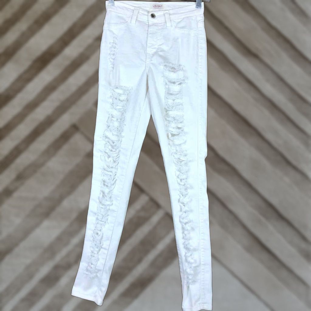 Thrasher Vibrant MIU Womens Jeans White Skinny Thrashed Destroyed Bikercore Stretch 3 Jeans Women Slim White Distressed 5-Pocket Denim Size 26" / US 2 / IT 38 - 1 Thumbnail