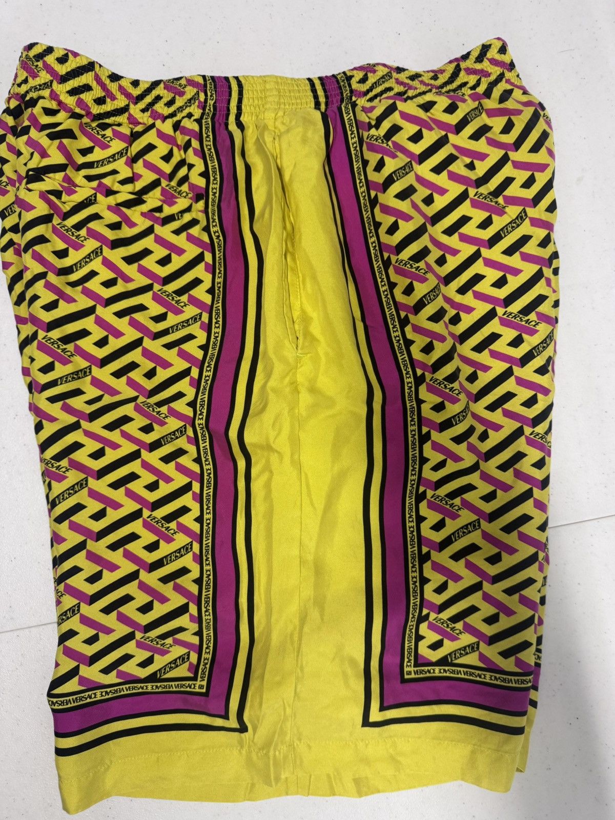 Versace Versace La Greca Silk Shorts - Yellow/Magenta - Fits Size L Size US 35 - 3 Thumbnail