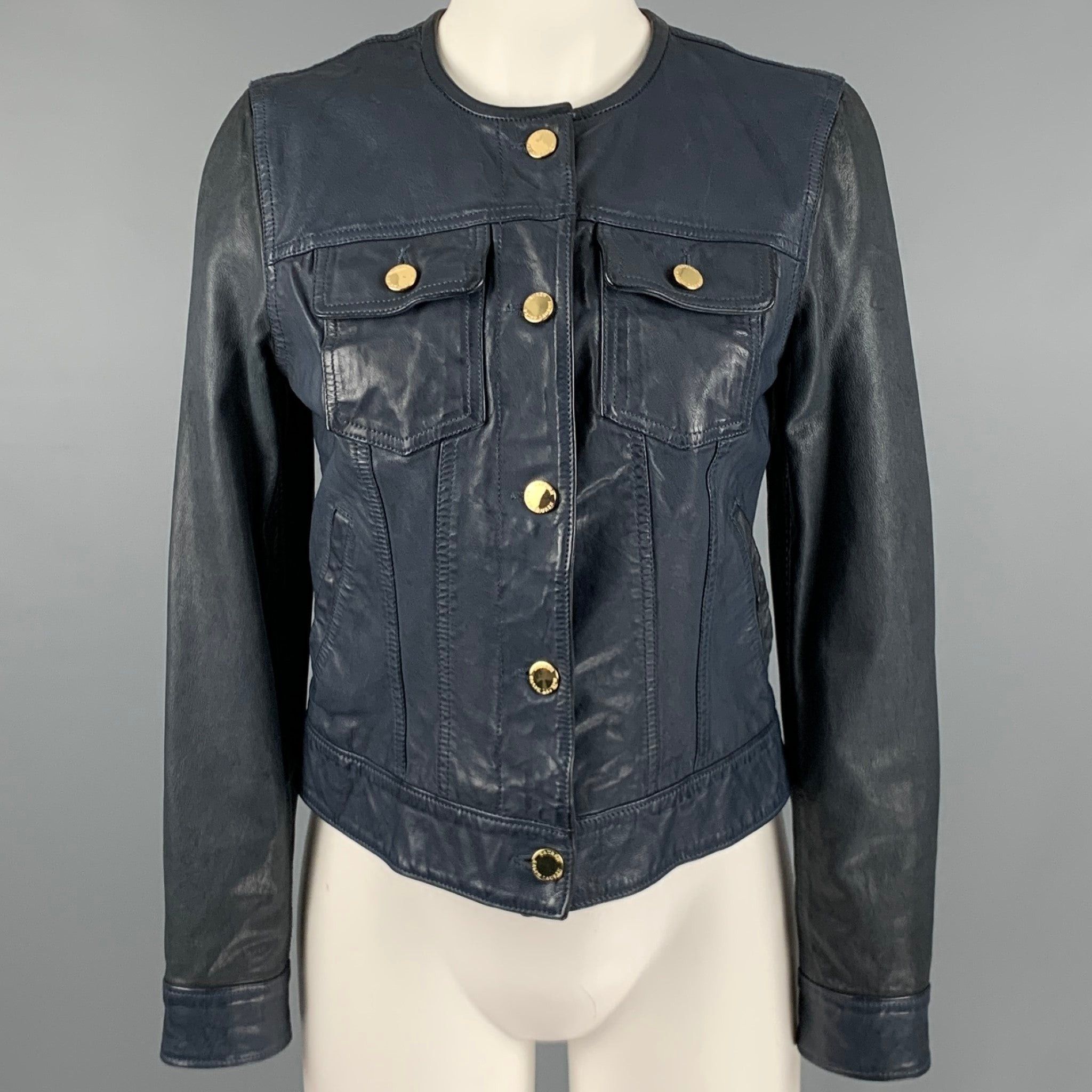 image of Ralph Lauren Navy Leather Trucker Jacket, Women's (Size XS)