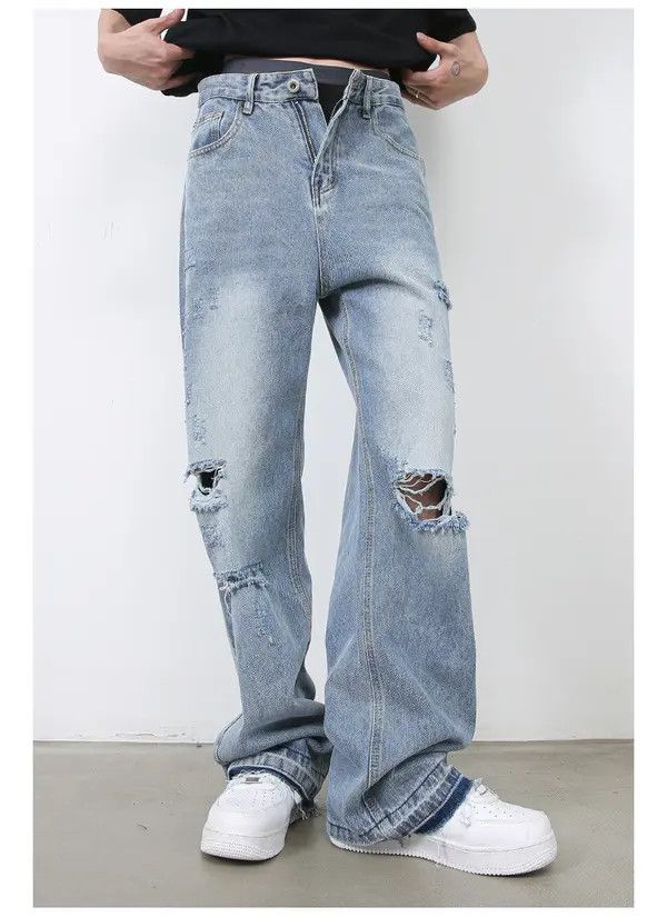 Japanese Brand Man American retro street men's versatile loose ripped jeans Size US 32 / EU 48 - 4 Thumbnail