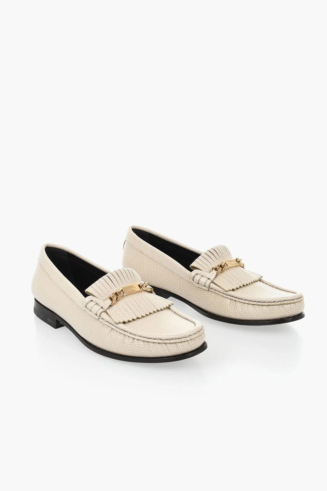 Celine og1mm0326 Embossed Snake-Effect Leather Loafers in Beige Size US 10 / IT 40 - 2 Thumbnail