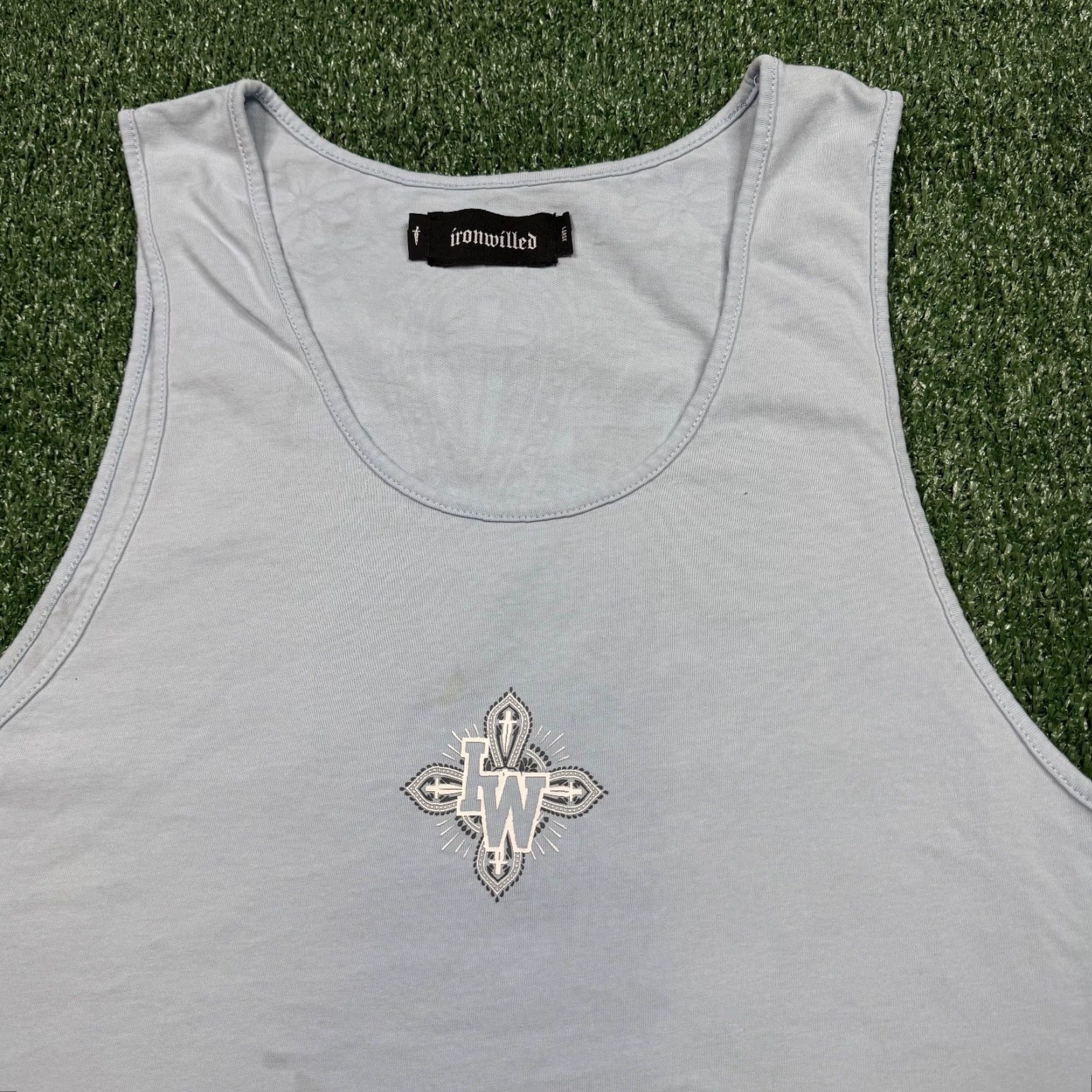 Vintage Iron Willed Tank Top Shirt Men M Blue Sleeveless Activewear Performance Crew Neck Jersey Cotton Graphic Print Sports Vintage No Size US M / EU 48-50 / 2 - 5 Thumbnail