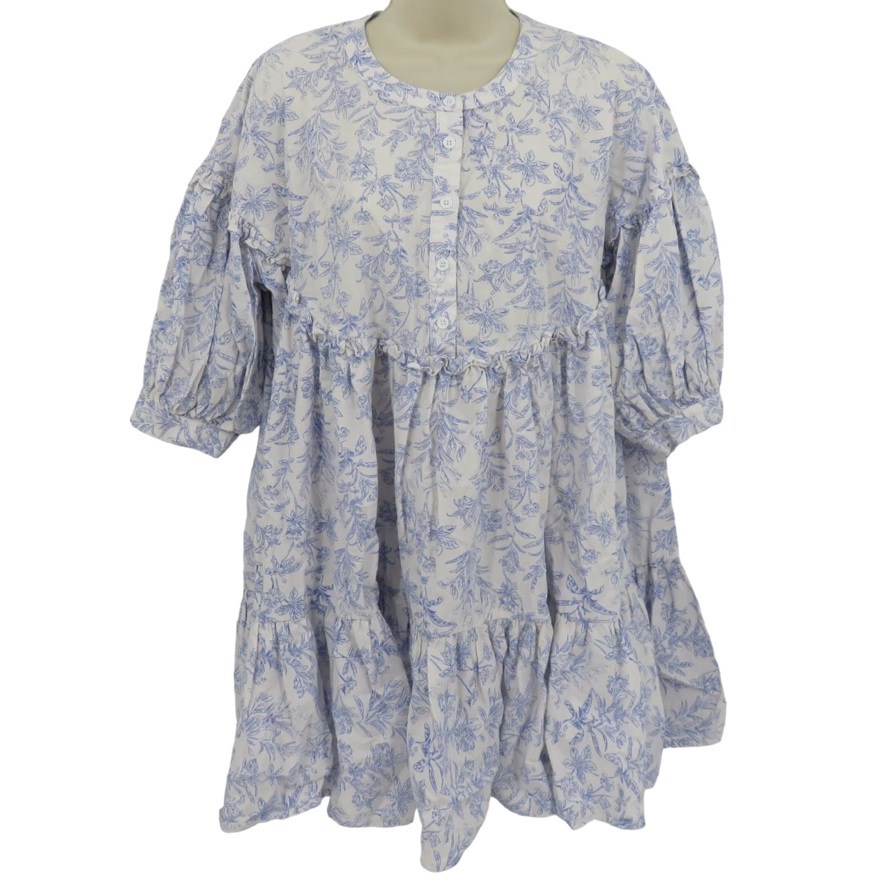 Vintage Bucket List Women Large White Blue Flower Botanical Print Ruffle Dress Sundress Size L / US 10 / IT 46 - 2 Thumbnail