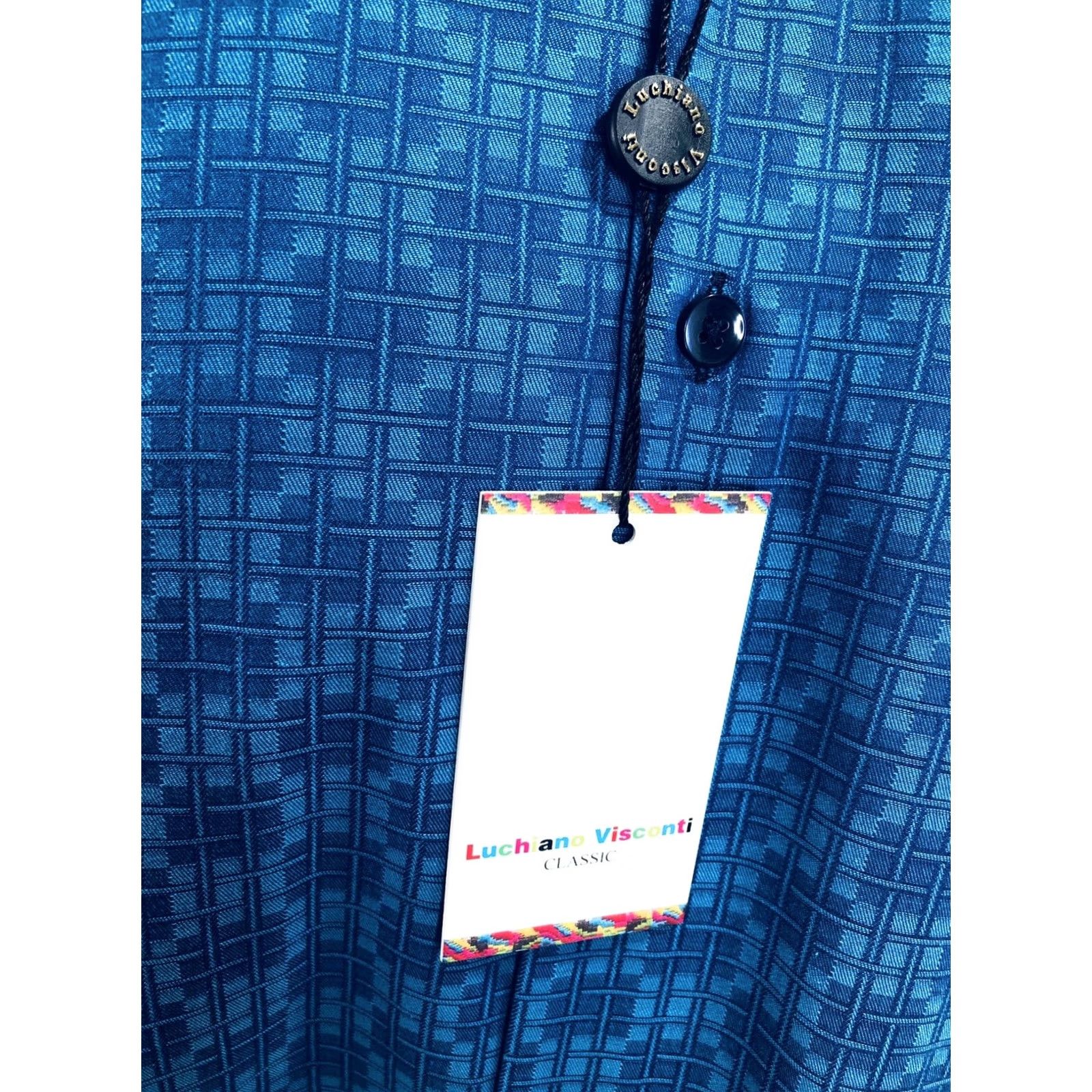 Luchiano Visconti Luchiano Visconti Geometric Shiny Button-Up Shirt / New w Tags - Blue & Greenish Blue, L, Long Sleeve, Regular, Men’s Size US L / EU 52-54 / 3 - 2 Thumbnail