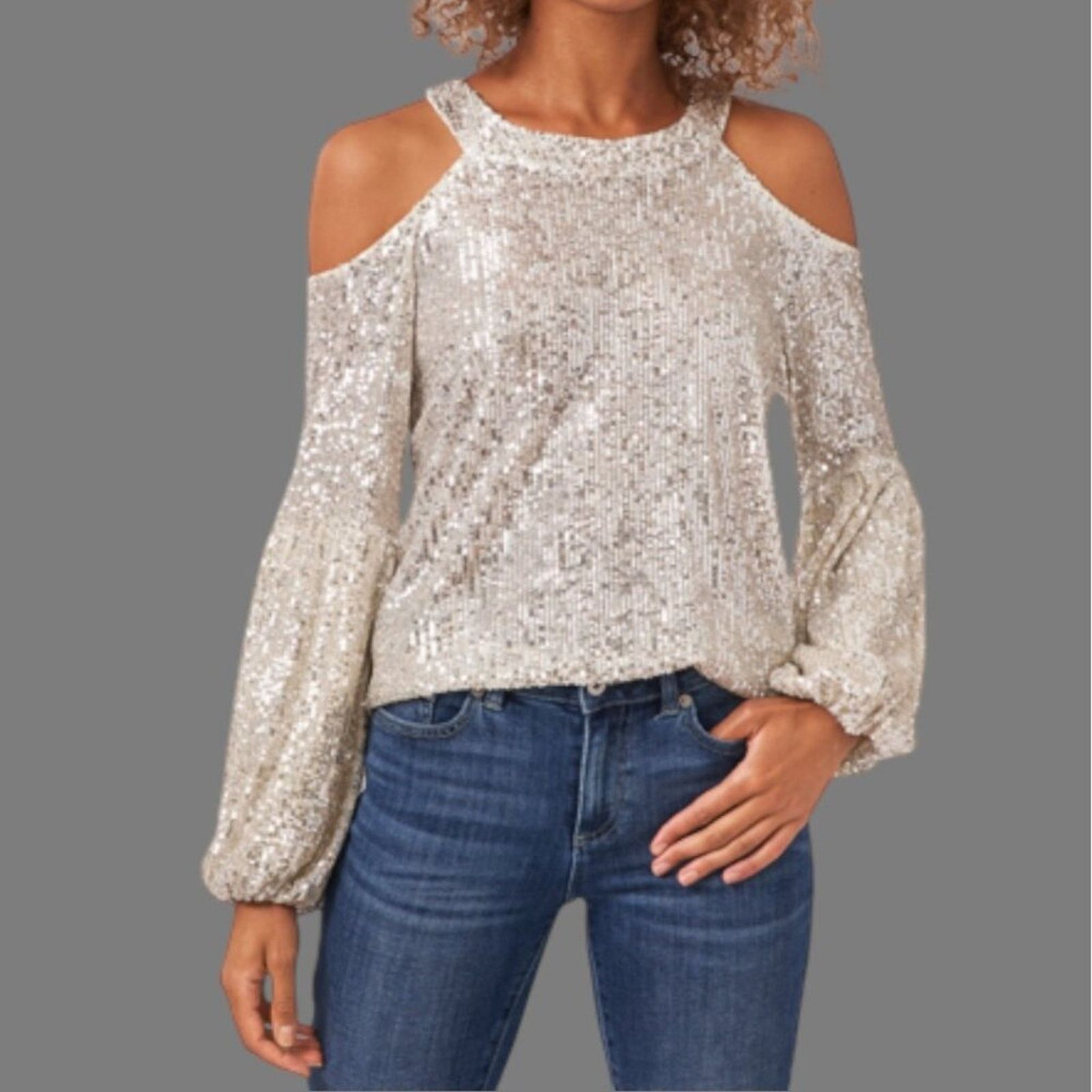 Other CeCe Cold Shoulder Sequined Blouse Silver XS NWOT $89 MSRP Size XS / US 0-2 / IT 36-38 - 1 Thumbnail