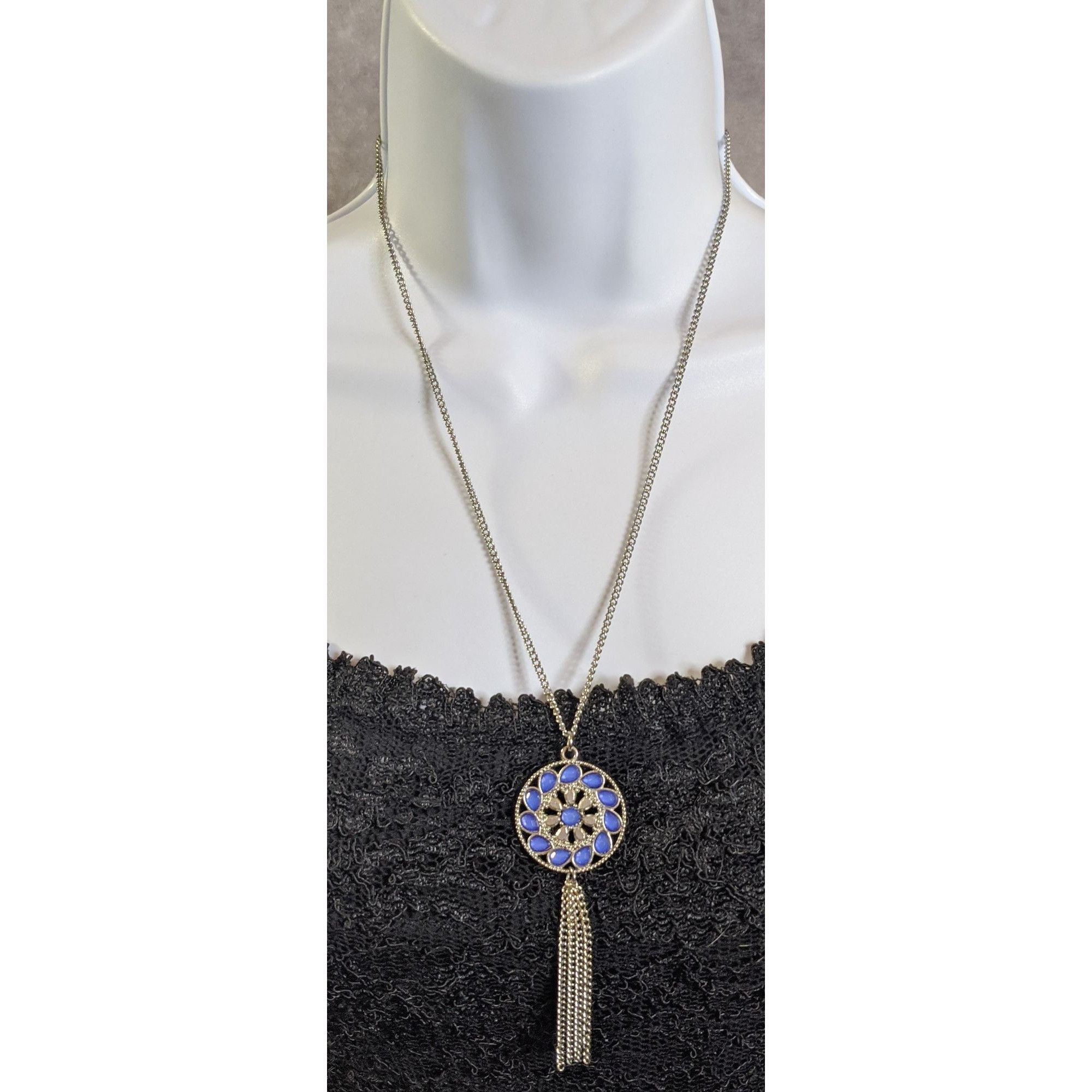 Other Bohemian Blue And Silver Tone Medallion & Tassel Pendant Nec Size ONE SIZE - 2 Thumbnail