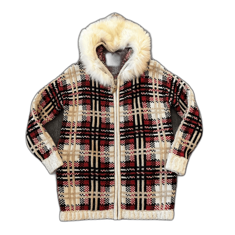 Red and Beige Hooded Knit Jacket