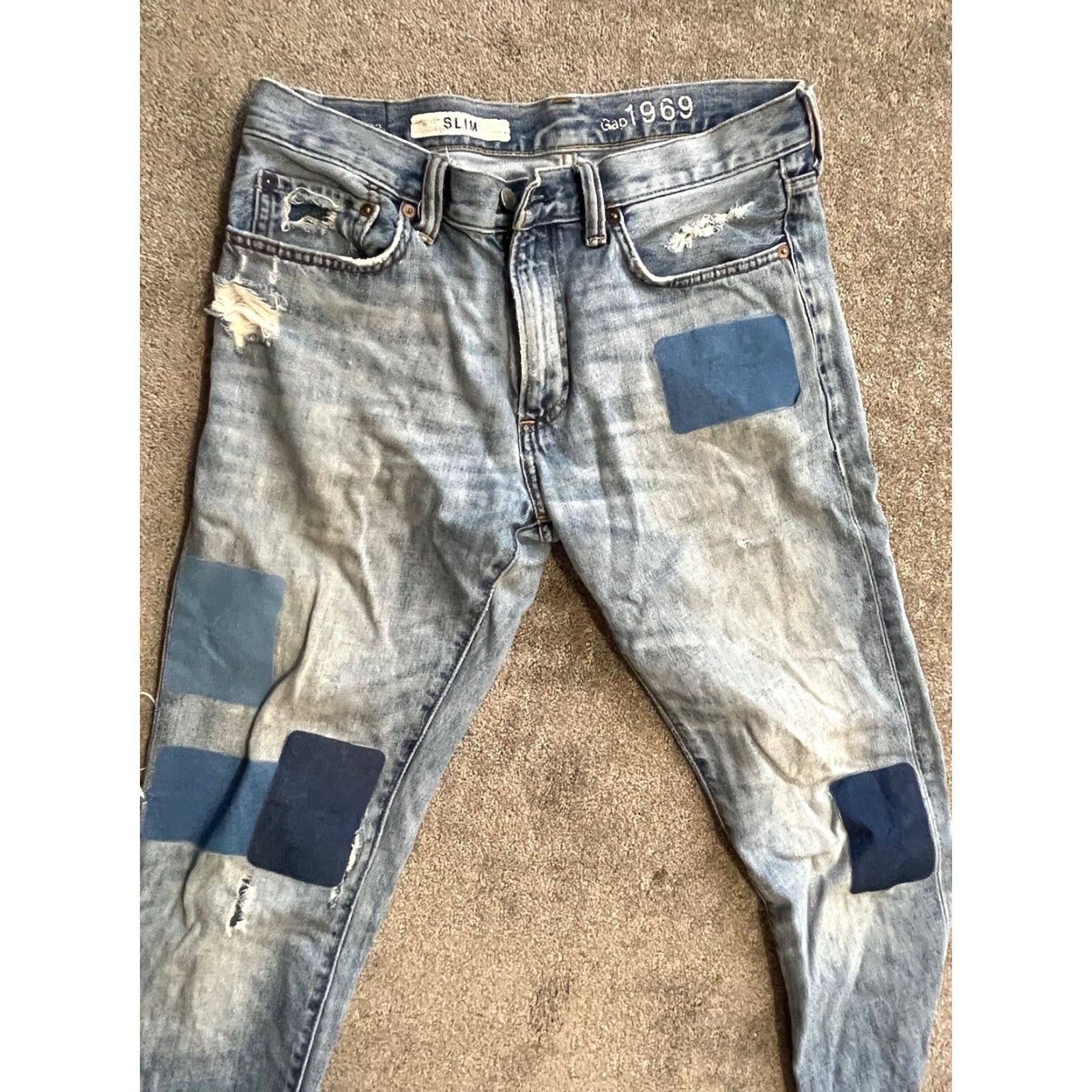 Gap Gap Jeans Men's Slim Leg 30x32 Blue Distressed Medium Wash 5-Pocket Denim Cotton Button Zip Belt Loops Vintage No 1969 Patch Size US 30 / EU 46 - 4 Thumbnail