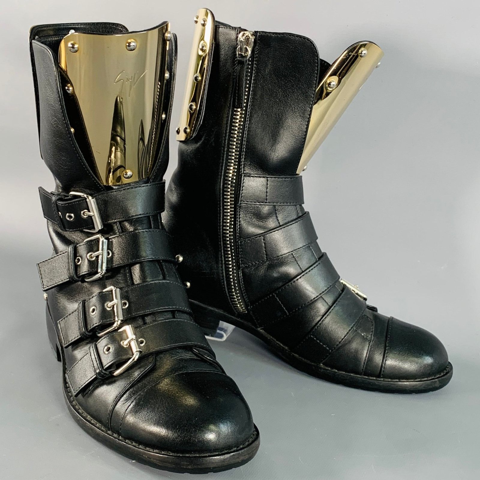 Giuseppe Zanotti 7 Black Gold Leather Metal Buckles Lace-Up Zipper Boots Size US 7 / EU 40 - 1 Thumbnail