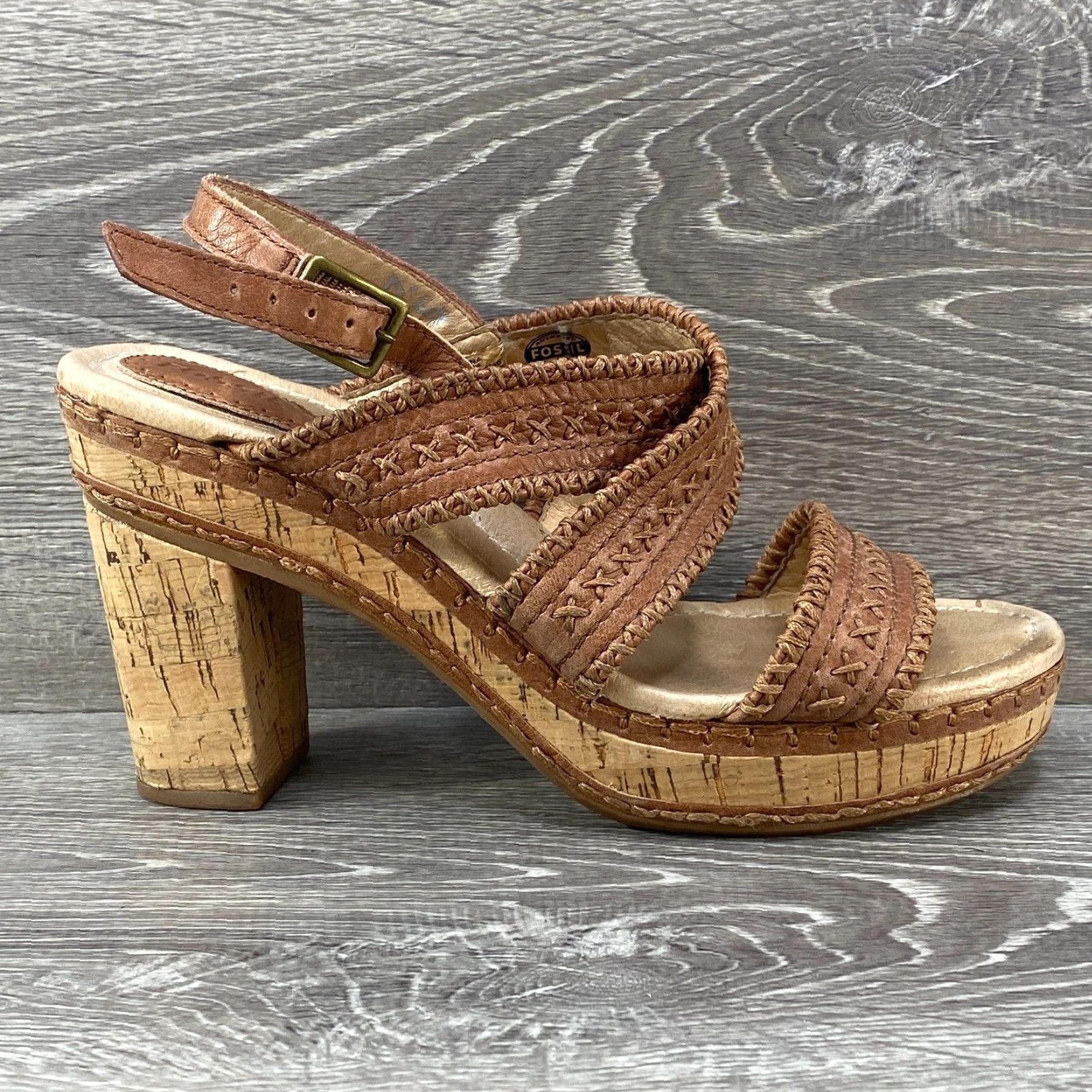 Fossil Fossil Brown Leather Braided Knit Cork 3" Heel Sandal Boho Western Buckle 7.5 Size US 6 / IT 36 - 2 Thumbnail