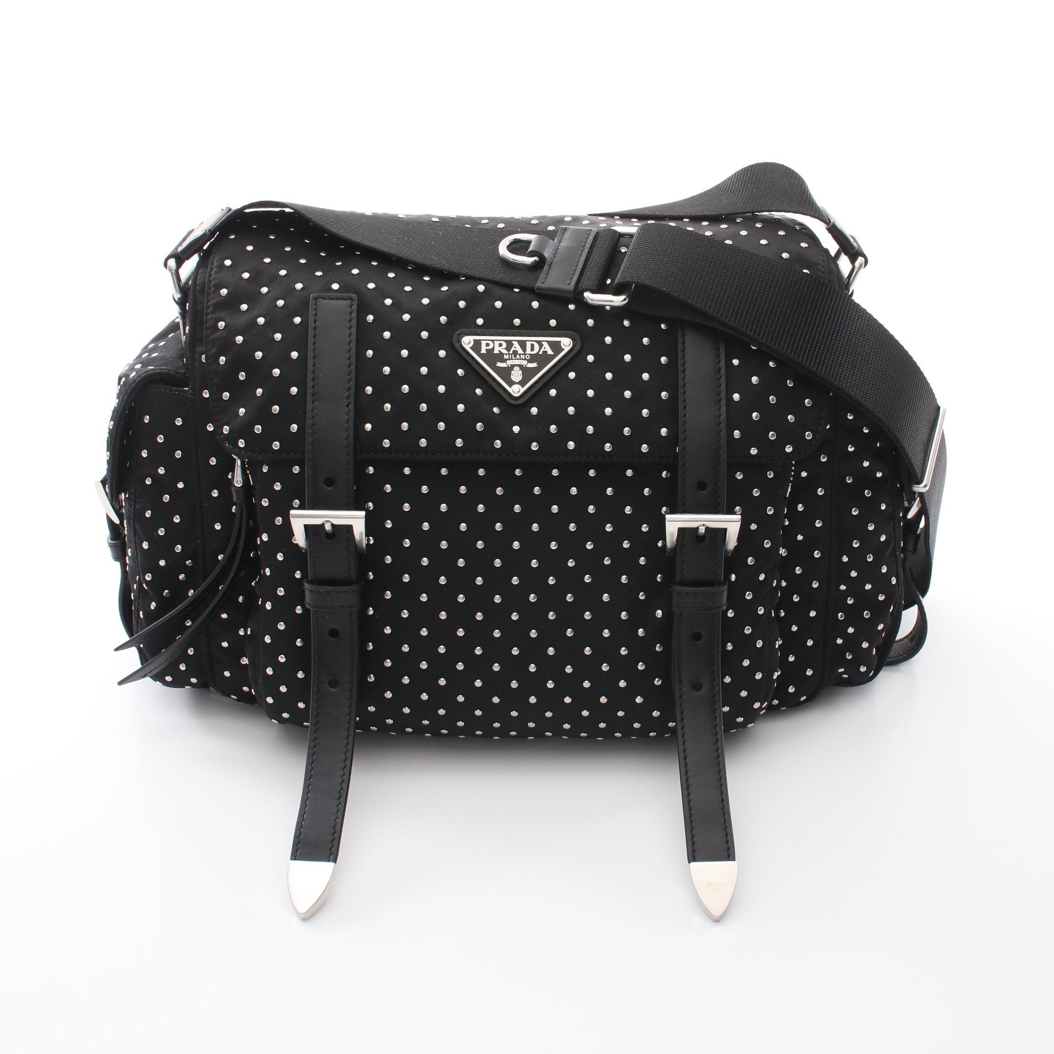 Prada Prada Studs Shoulder Bag Nylon Leather Black Size ONE SIZE - 1 Thumbnail