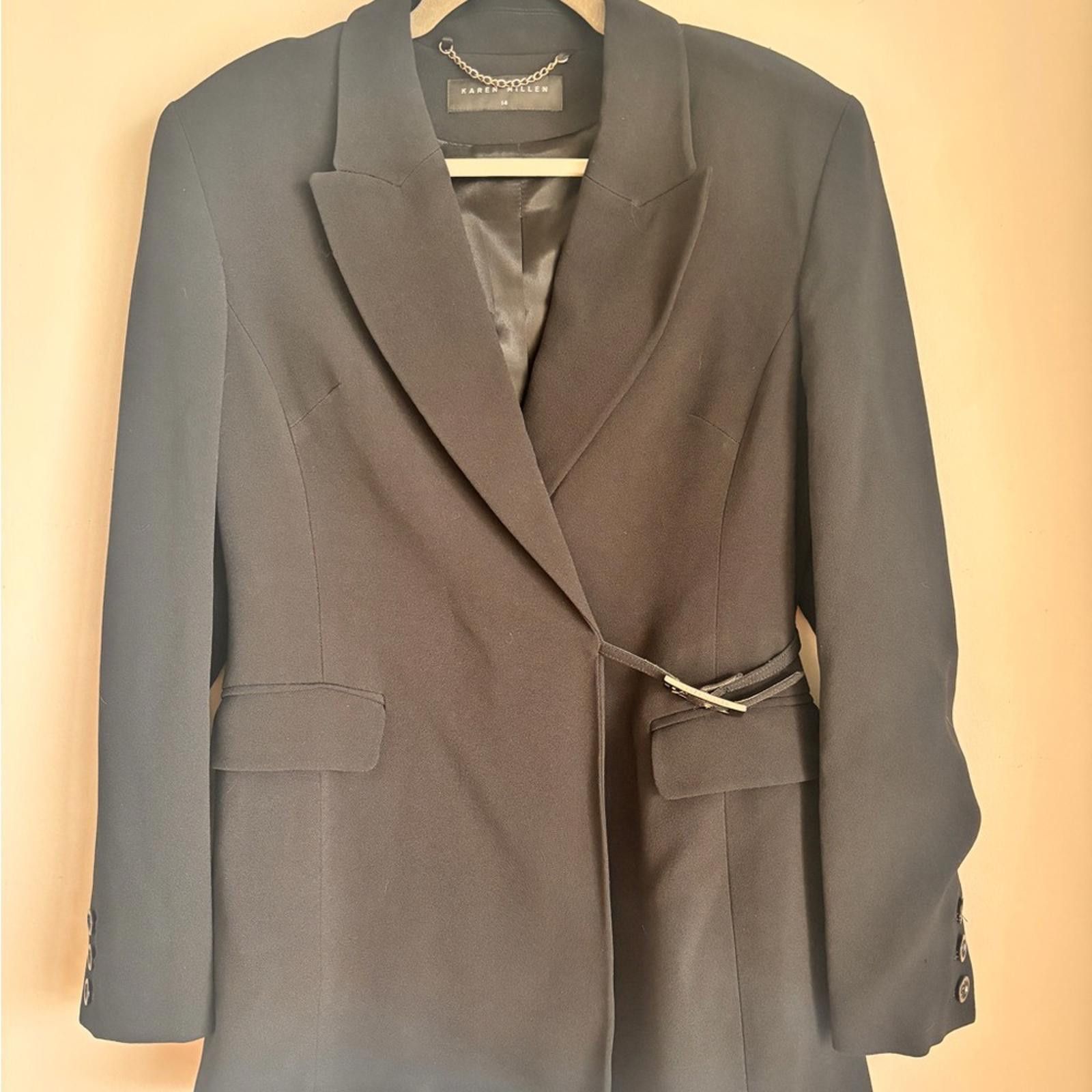 Designer Karen Millen Black Blazer with Side Belt Size XL / US 12-14 / IT 48-50 - 1 Thumbnail