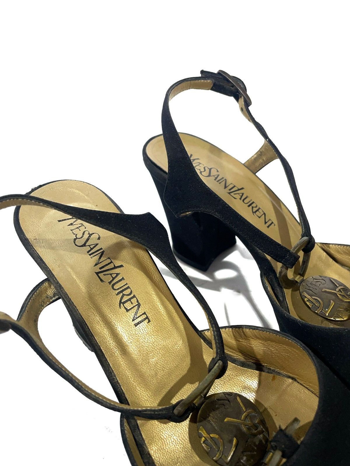 Yves Saint Laurent Yves Saint Laurent Black Velour Gold Logos Heels Size 36.5 Size US 6.5 / IT 36.5 - 9 Thumbnail