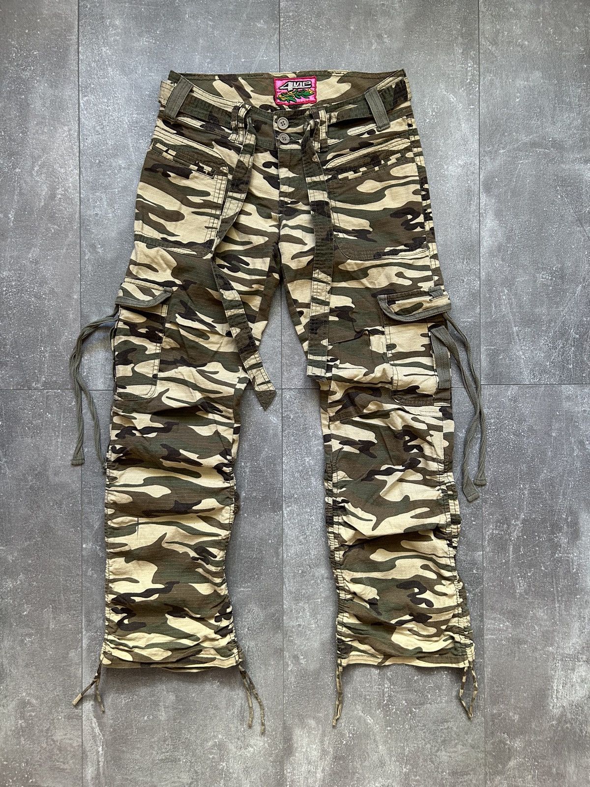 image of Avant Garde x Vintage Flared Bondage Y2K Low Rise Japanese Cargo Pants in Camo, Women's (Size 27)