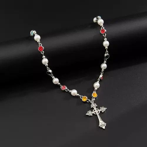 Jewelry Silver Cross Pendant Necklace with Colorful Beads Size ONE SIZE - 4 Thumbnail