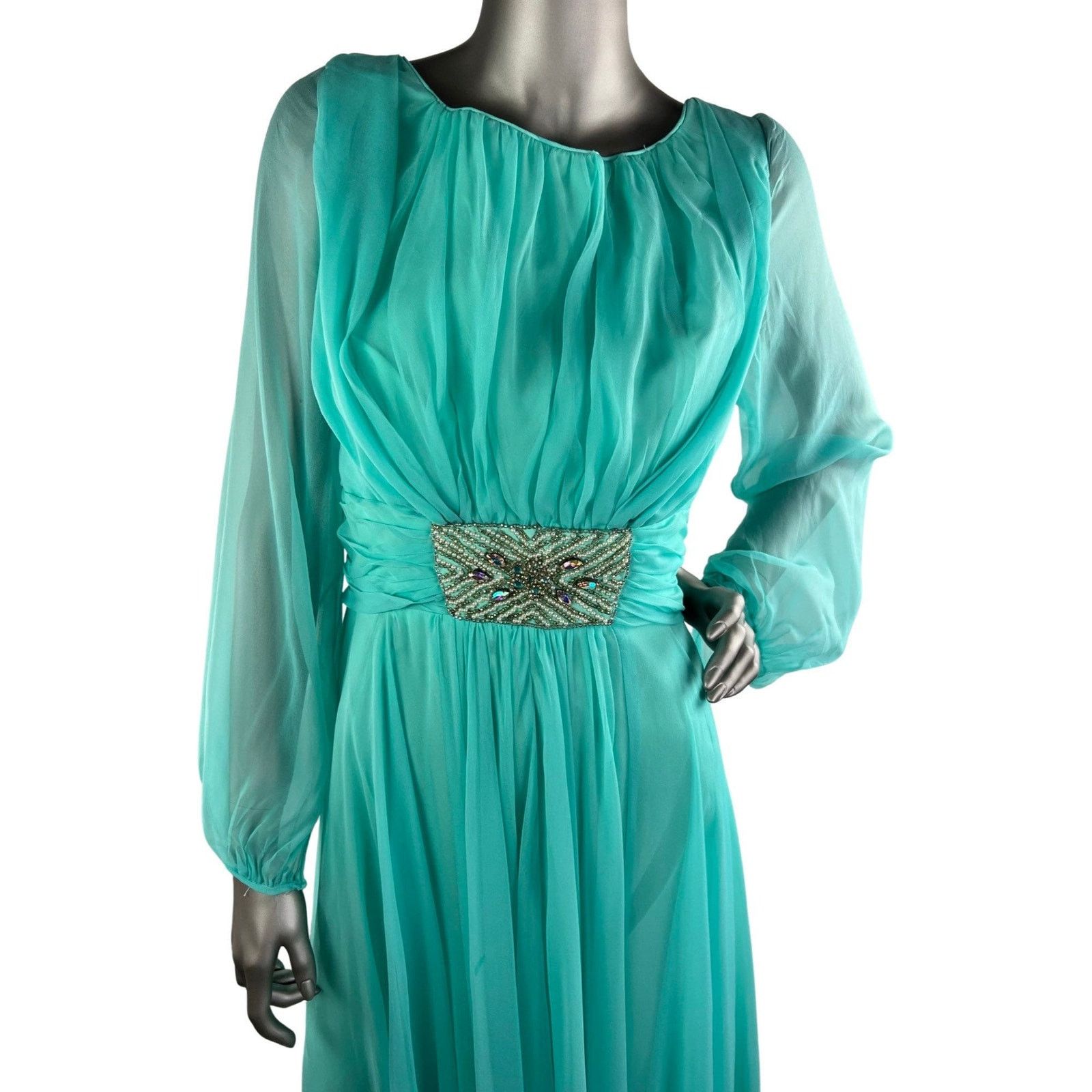 Vintage Vintage 1960s Blue Chiffon Maxi Dress Embellished Waist Med Size M / US 6-8 / IT 42-44 - 5 Thumbnail