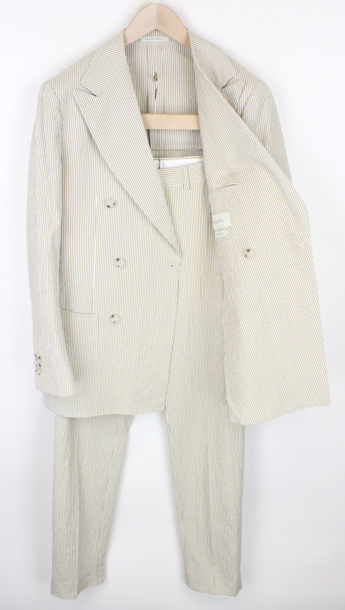 image of Suitsupply Havana Uk38R Beige Two Row Slim Striped Cotton Suit 67575, Men's