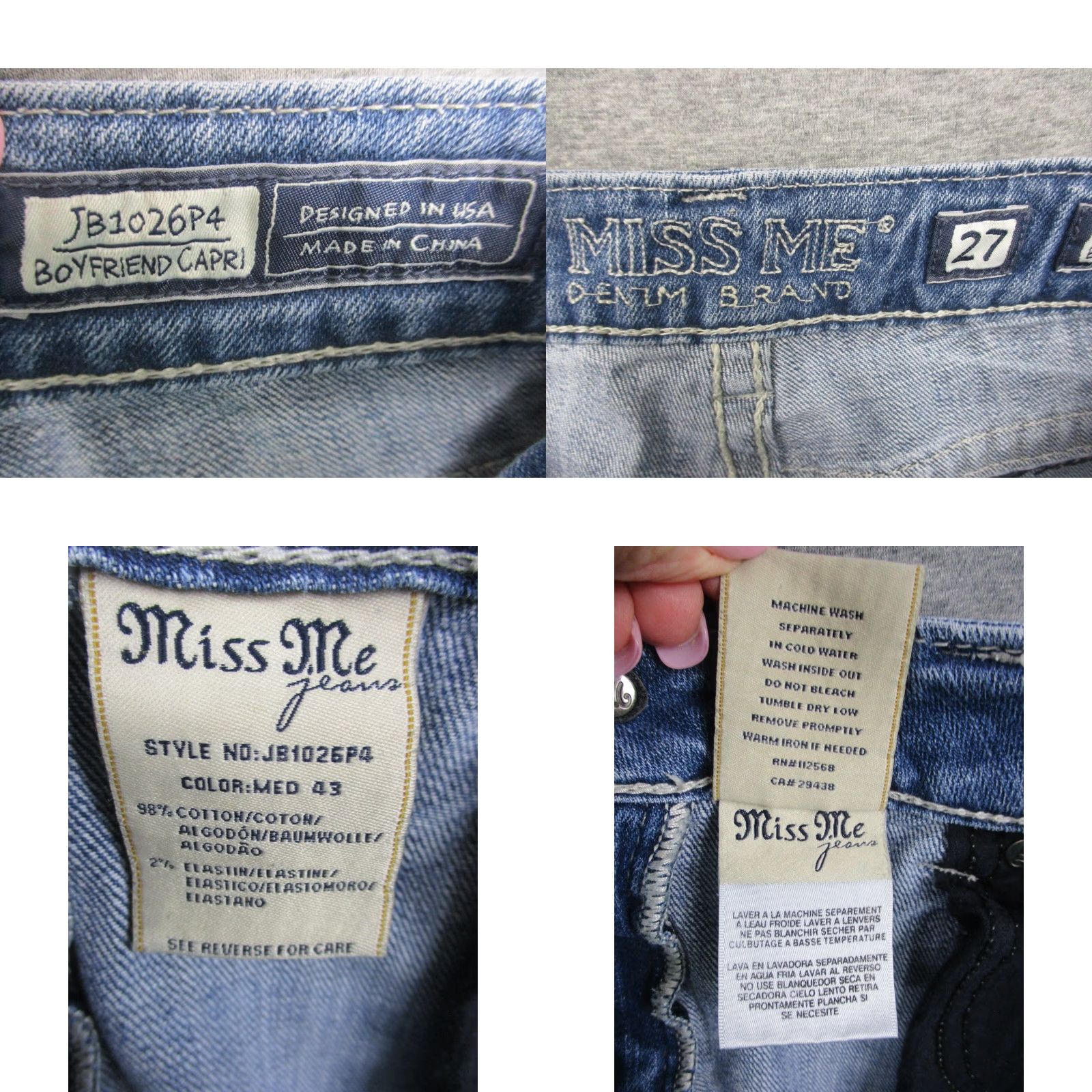 Miss Me Miss Me Jeans Women 27 Boyfriend Rhinestone Capri Denim Blue Regular 27in Inseam Jeans Womens Size 27" / US 4 / IT 40 - 8 Thumbnail