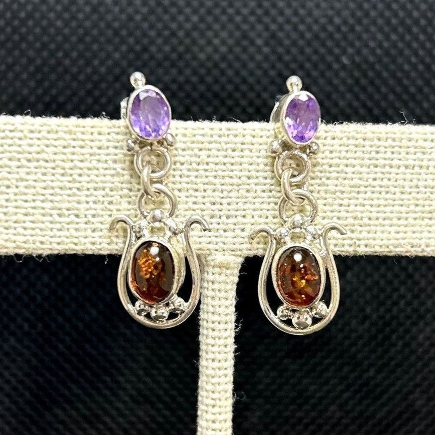 Vintage Sterling Silver 925 Amber & Amethyst Dangle Earrings Scroll Size ONE SIZE - 3 Thumbnail