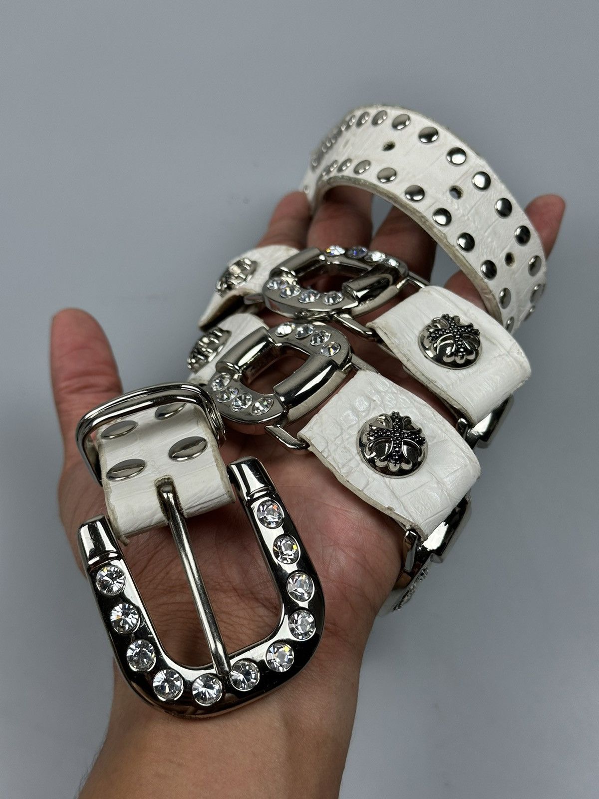 If Six Was Nine Rare Chrome Hearts Inspired White Leather Diamond Studs Belt Size 34 - 2 Thumbnail