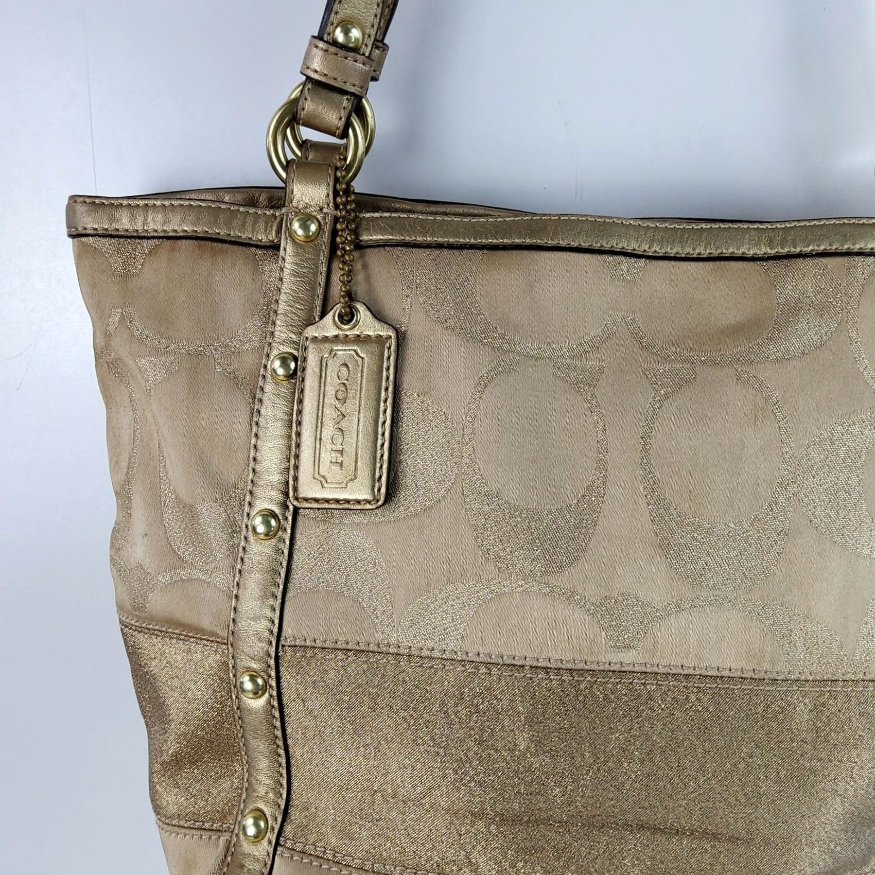 Coach Coach Signature Stripe Studded Lurex Tote Gold 12905 Shoulder Handbag Purse, Medium, Women, Tote, Gold, Striped, Bag Charm Size ONE SIZE - 6 Thumbnail