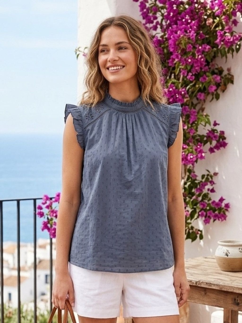 Loft LOFT Grey Eyelet Mock Neck Top L Cottagecore Coquette Blouse Size L / US 10 / IT 46 - 1 Thumbnail