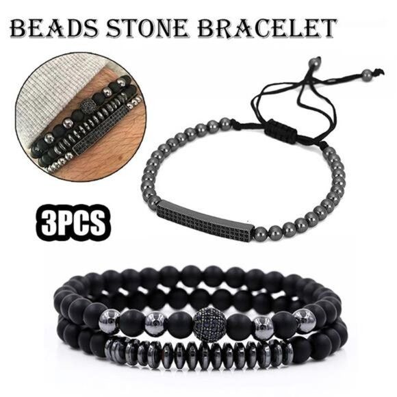 Other 3PCS Men’s Black Beads Stainless Steel Bracelet Set Bangle Size ONE SIZE - 2 Thumbnail