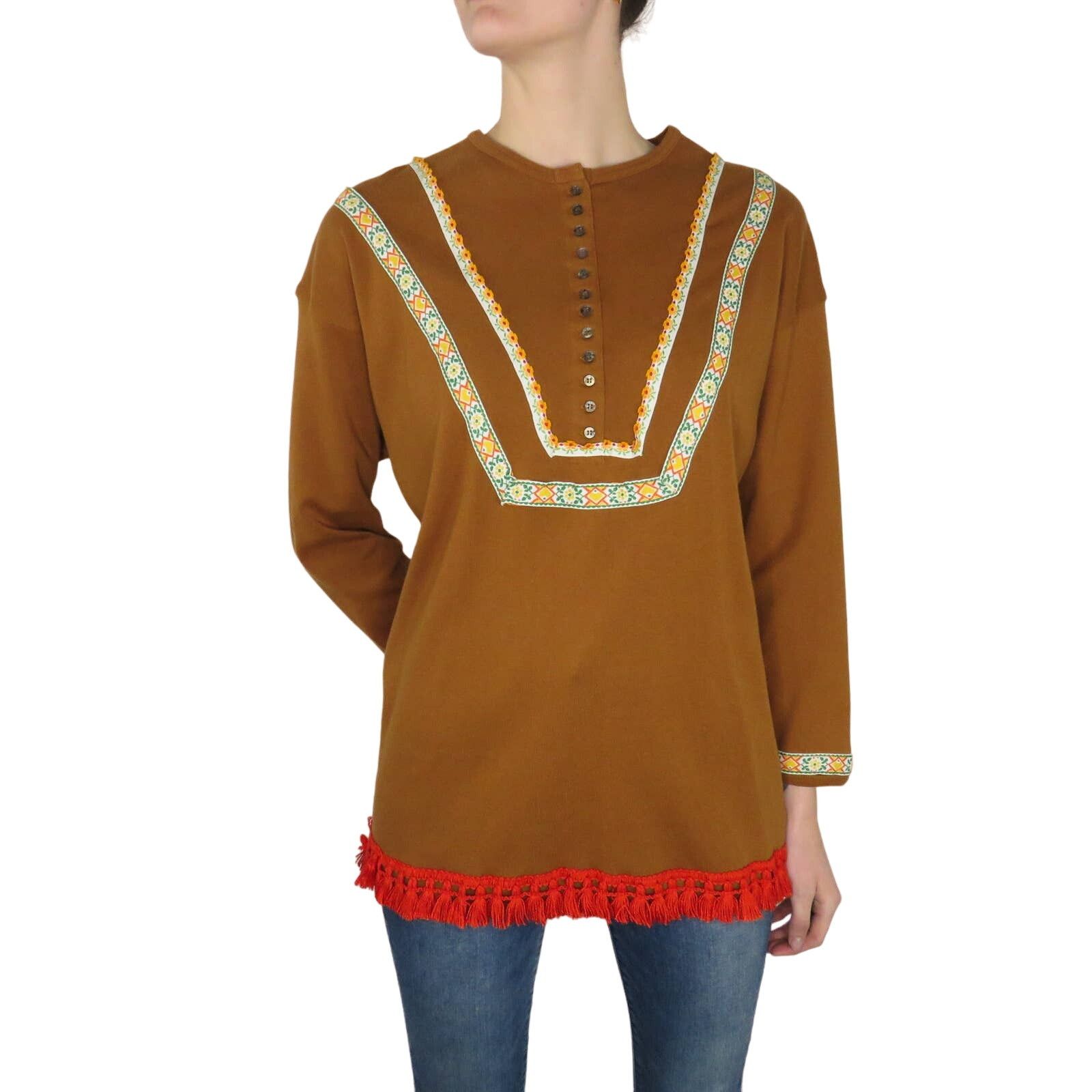 Vintage VTG. Songwriter Embroidered Brown Boho Western Tassel Blouse Size S / US 4 / IT 40 - 1 Thumbnail