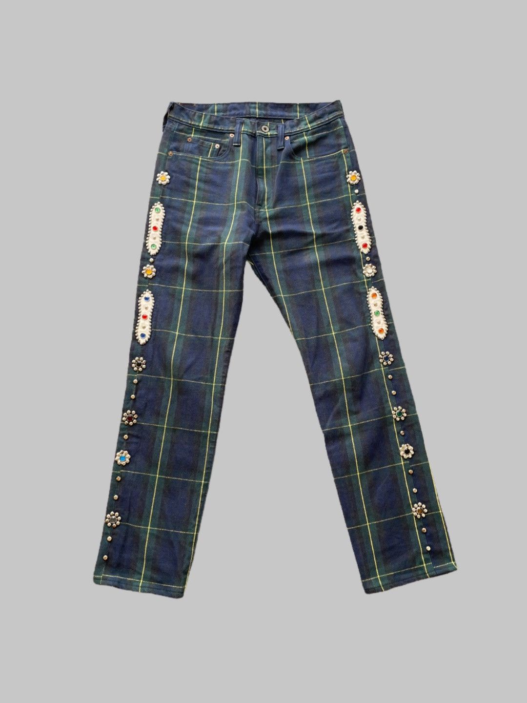 image of Kapital 11Oz Tartan Check 5P Monkey Cisco （Studs Remake ） in Navy, Men's (Size 30)