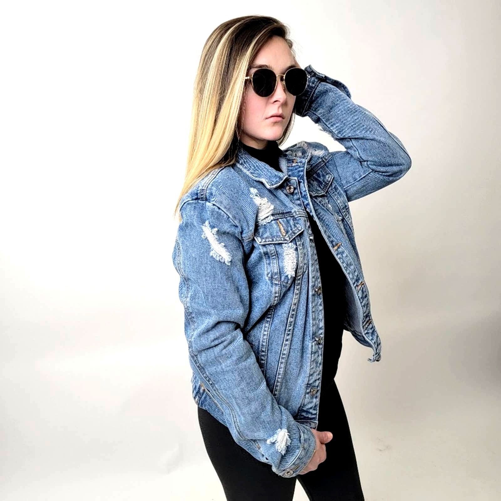 Shein Ripped Faded Wash Denim Jean Trucker Jacket - L Size L / US 10 / IT 46 - 5 Thumbnail