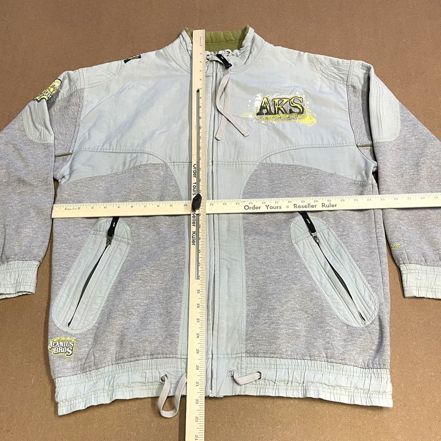 Akademiks VINTAGE Akademiks Jacket Mens L Gray Jeanius Bros Full Zip Patchwork Streetwear AKS Size US 33 - 3 Thumbnail