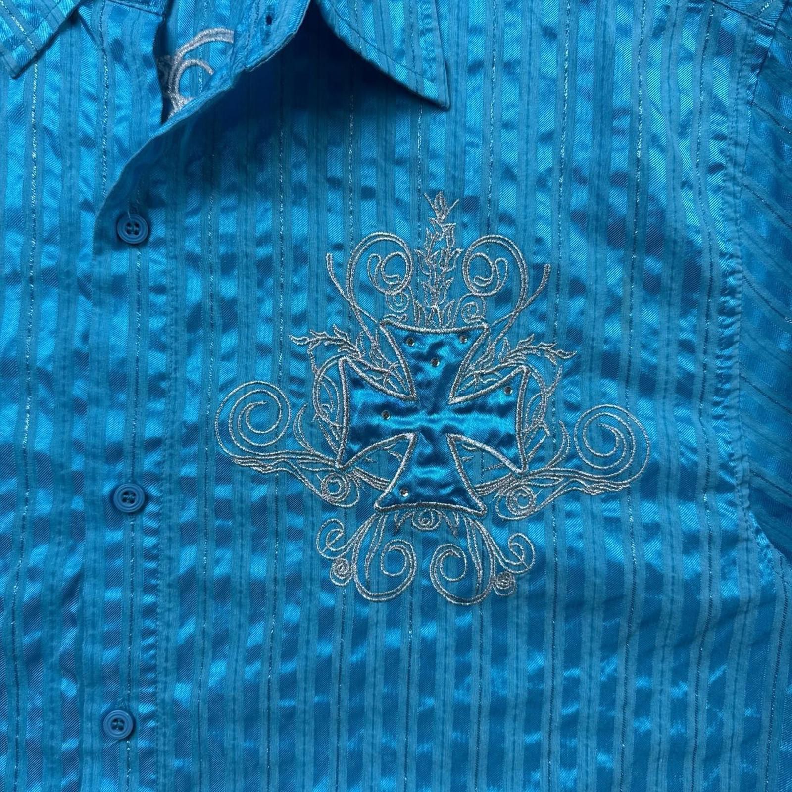 Affliction Y2K Marini 00s Blue Cross Button Up Shirt Size US XXL / EU 58 / 5 - 8 Thumbnail
