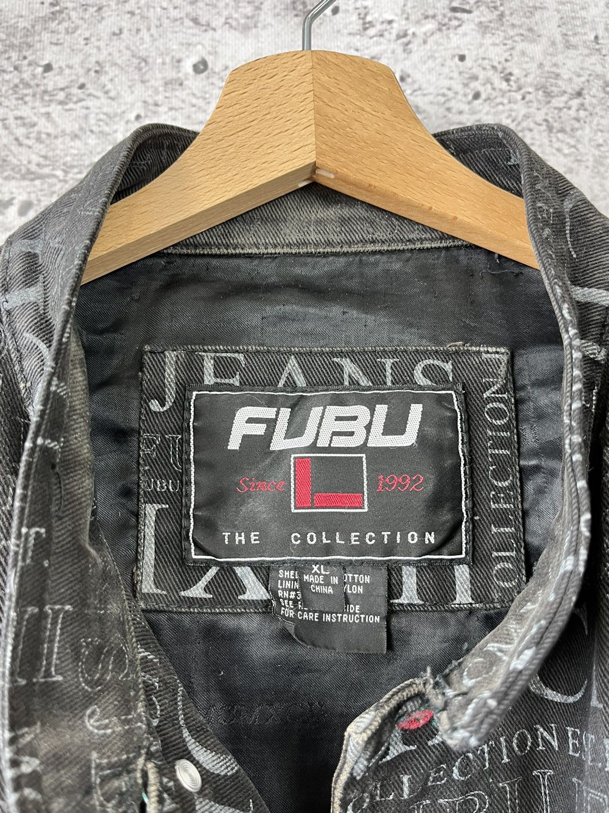 Fubu × Vintage 90s FUBU The Collection MCMXCII All Over Print Denim Jacket Size US XL / EU 56 / 4 - 6 Thumbnail