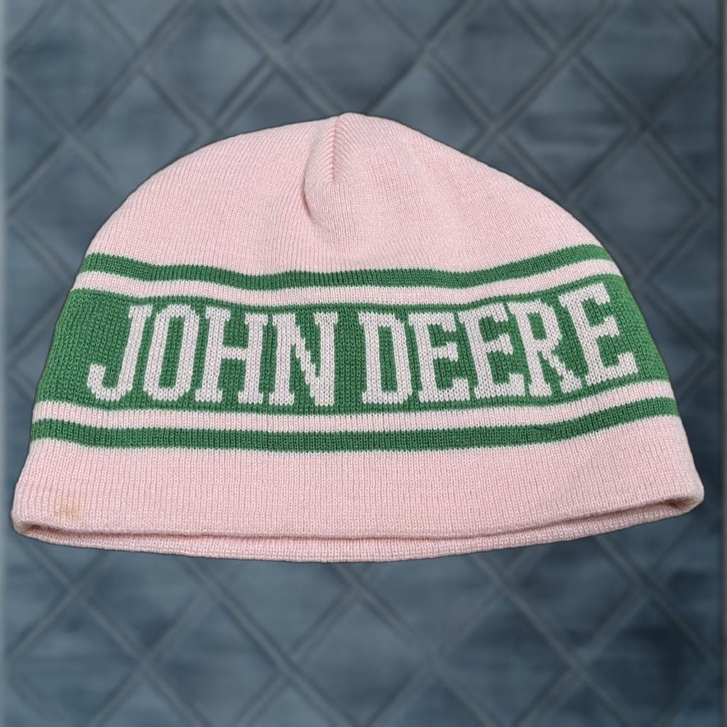 John Deere John Deere Knit Beanie Women's Winter Hat Cap Pink Green Acrylic Knit Striped Logo Adjustable Lightweight Stretch Beanie Fall Winter Womens Size ONE SIZE - 1 Thumbnail