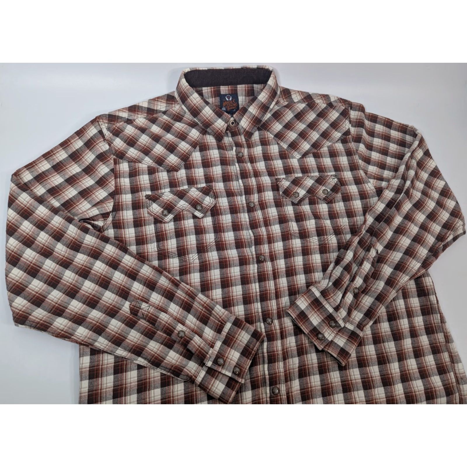 Vintage Moonshine Spirit by Brad Paisley Shirt Long Sleeve Button-Up Flannel Brown Beige Cotton Plaid Snap Pockets Cowboy Western Cowboy Mens L Size US L / EU 52-54 / 3 - 2 Thumbnail